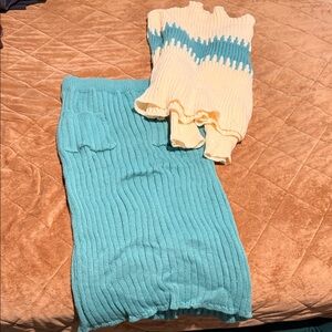 Blue and Cream Ribbed Knit Set